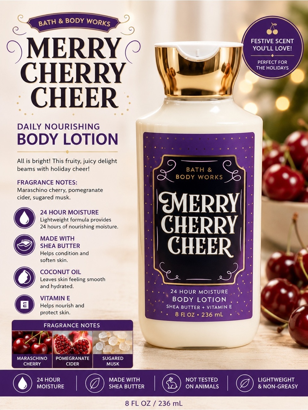 Bath & Body Works Merry Cherry Cheer Body Lotion — Purple & Gold Bottle